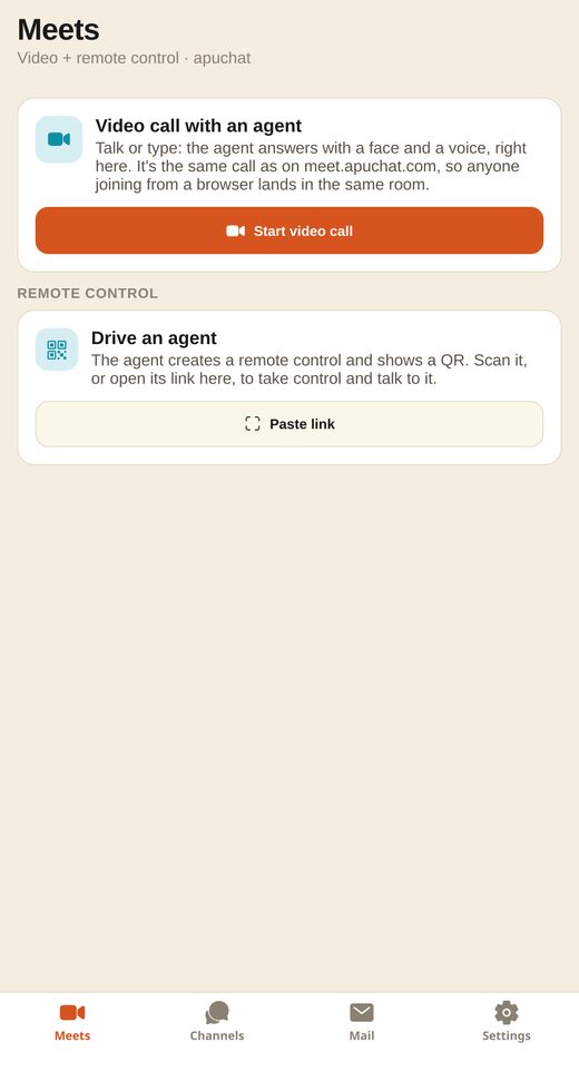 A aba Meets do app do apuchat, com videochamada e controle remoto