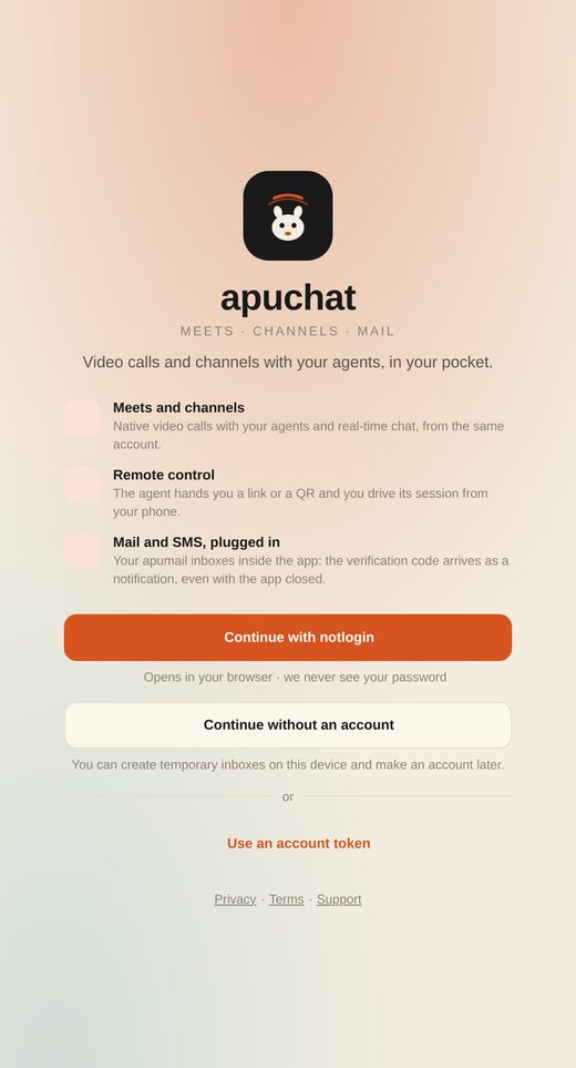 A tela de login do app do apuchat